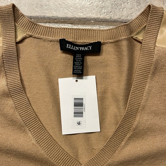 NEW Ellen Tracy Faux Leather Trim V-Neck Sweater in Sand - Picture 7 of 14